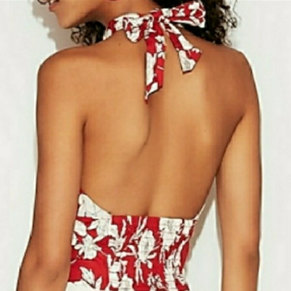 Express Women's Large Red Floral Crop Halter Top - Picture 3 of 8